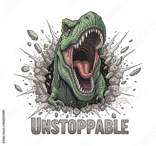Unstoppable t-rex dinosaur breaking wall roaring graphic design vector art