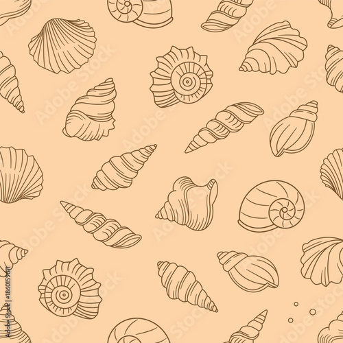Outline Doodle Ocean Shell, Snail and Conch Seamless Pattern