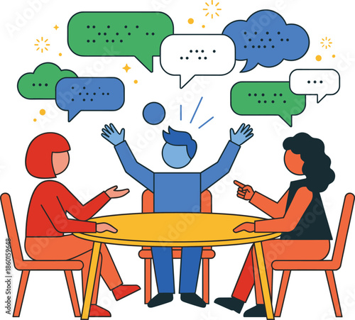 Team discussion and brainstorming meeting with speech bubbles representing communication ideas collaboration feedback modern flat vector illustration concept design