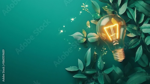 Eco friendly lightbulb with plants on green background renewable energy