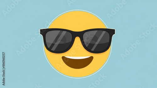 Smiling yellow emoji face wearing sunglasses on blue background with happy expression and cool shades