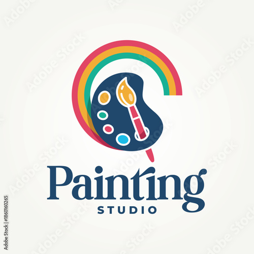 painting studio logo icon vector illustration design. artistic palette with brushes and paints logo concept
