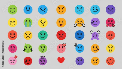 Colorful emoticon faces in various expressions and designs on gray background
