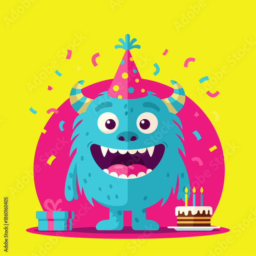 A cute cartoon monster character wearing a happy birthday clown hat and holding a red cake with a candle, featuring a funny alien face in a bizarre vector illustration isolated on white