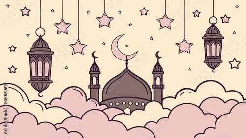 Illustration of a mosque with domes and minarets above pink clouds, surrounded by hanging lanterns, stars, and a crescent moon against a pale yellow background.