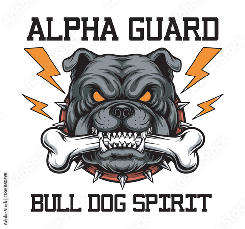 Angry bulldog mascot head with bone spiked collar and lightning bolts illustration vector