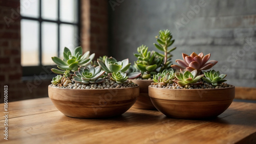 Minimalist Indoor Succulent Garden in Rustic Wooden Bowls, Modern Home Decor with Natural Sunlight and Brick Wall Background