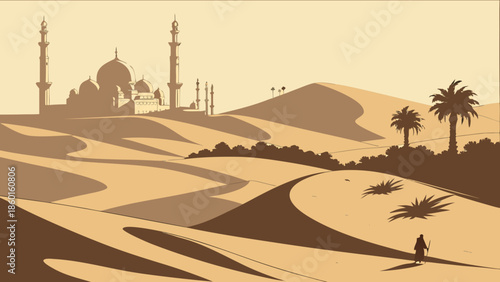 A desert landscape with sand dunes, a mosque, and palm trees in warm, earthy tones, with a person walking in the distance.