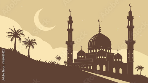 Digital illustration of a mosque with minarets and a dome on a hill with palm trees under a crescent moon and stars in a warm sepia-toned landscape.