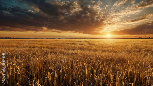 Golden Wheat Field at Sunset under Dramatic Stormy Sky, Rural Agricultural Landscape with Ripe Cereal Crop and Sunbeams