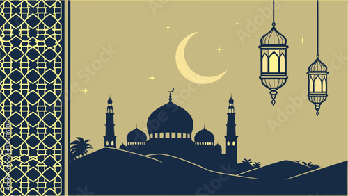 Ramadan Night Landscape with Mosque Silhouette, Crescent Moon, Stars, Traditional Lanterns, and Elegant Islamic Geometric Pattern Background