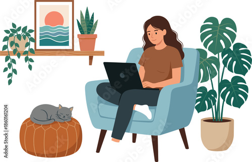 Woman working remotely at cozy home interior with laptop, sleeping cat, indoor plants, calm lifestyle, modern flat vector illustration design