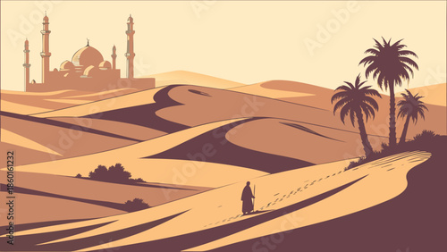 Mystical Desert Landscape: Solitary Figure Journeys Towards Distant Ornate Palace Amidst Dunes and Palm Trees at Sunset