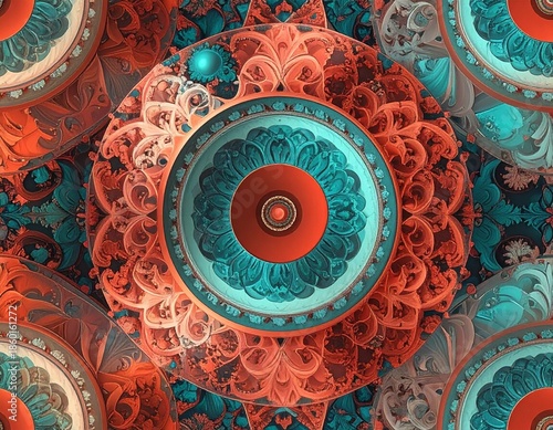 Intricate Mandala with Turquoise and Coral Ornate Patterns