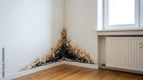 Black mold growth on a white wall in the corner of a room with wooden floor and radiator mildew damp
