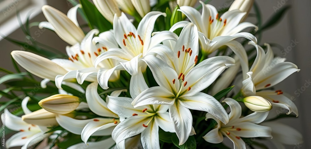 Obraz premium Elegant white lilies arranged in a lush bouquet, floral arrangement, lily petals