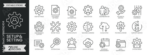 Setup and Setting outline icons set. Containing control, configuration, maintenance, tool, gear, panel, option, support, repair, update, automation. Editable stroke symbols pack. Vector illustration