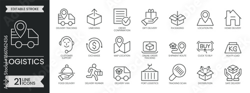 Logistics delivery service outline icon set. Shipping related line icons collection. Transport, tracking, package, box, distribution, cargo, courier. Editable stroke symbols pack. Vector illustration