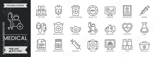 Medical outline icon set. Healthcare related line icons collection. Medicine, doctor, ambulance, treatment, injection, hospital, clinic, nurse. Editable stroke symbols pack. Vector illustration