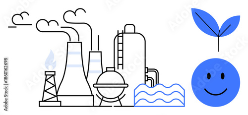 Sustainability concept. Sustainability with industrial plants, clean energy symbols, and eco-friendly elements. Sustainability promoting harmony between industry and environment. For environmental