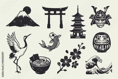 Traditional Japanese Culture Icons Set in Distressed Woodcut Style Collection