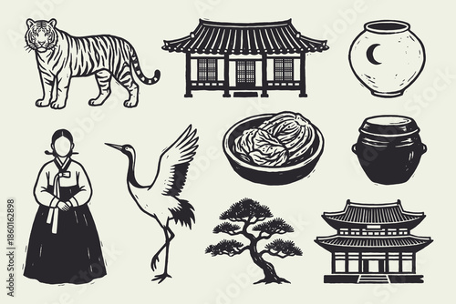 Vintage Korean Cultural Icons Set in Woodcut Style: Tiger, Hanok, and Hanbok