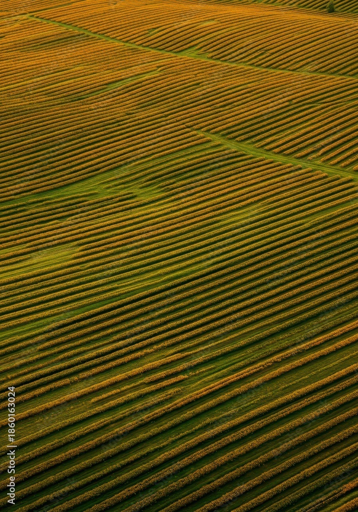 Fototapeta premium A striking aerial view captures a vibrant patchwork of agricultural fields displaying neat rows, creating natural striped patterns ,vibrant ,crop ,geometric