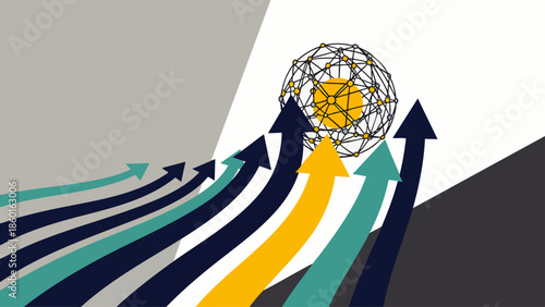 Abstract representation of global network connection and technological advancement with upward arrows indicating growth and progress.