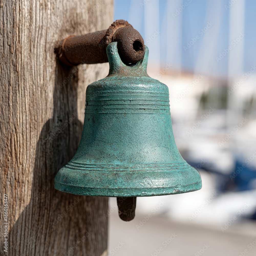 Obraz premium An antique bell mounted on a wooden post near a blurred marina.