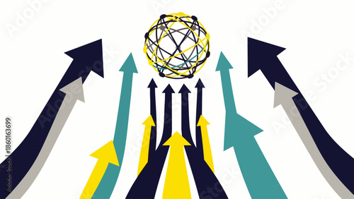 Abstract illustration of arrows converging towards a central sphere, symbolizing growth, direction, and collaboration