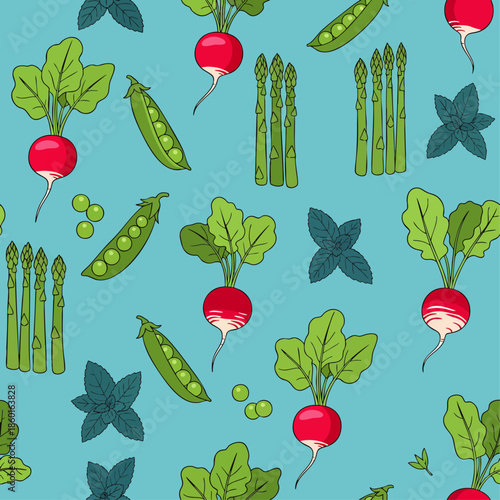 Vibrant Seamless Pattern of Fresh Spring Vegetables: Hand-Drawn Radishes, Green Peas, Asparagus, and Mint Leaves on a Blue Background. Healthy Organic Food.