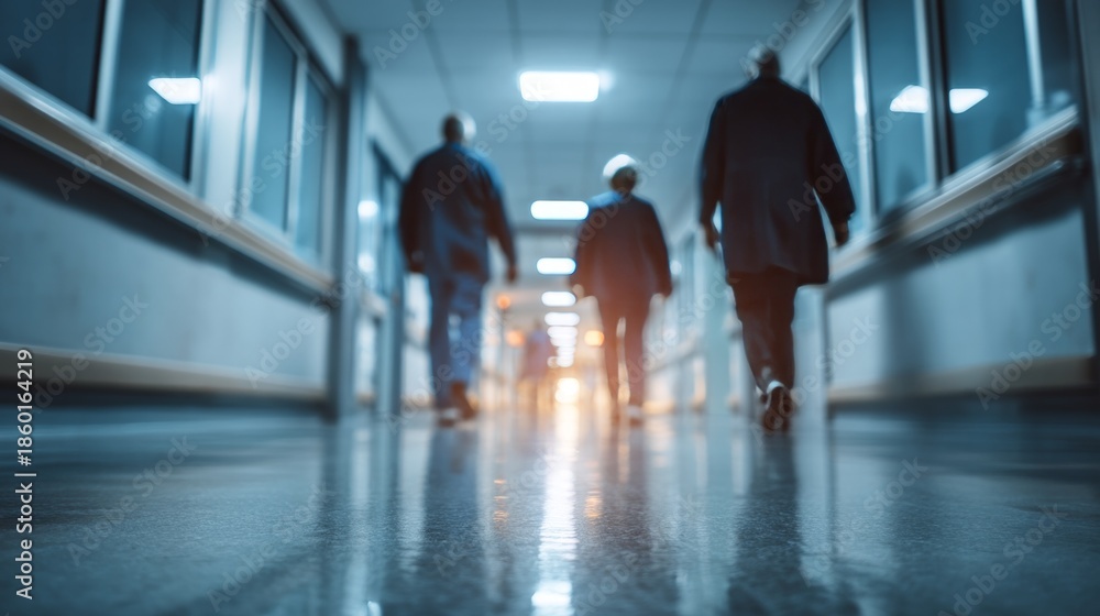 Fototapeta premium Staff and Residents Walking in Corridor of Elderly Care Facility at Twilight