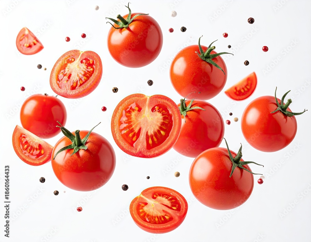 Fototapeta premium Floating red tomatoes and peppercorns against a clean white background