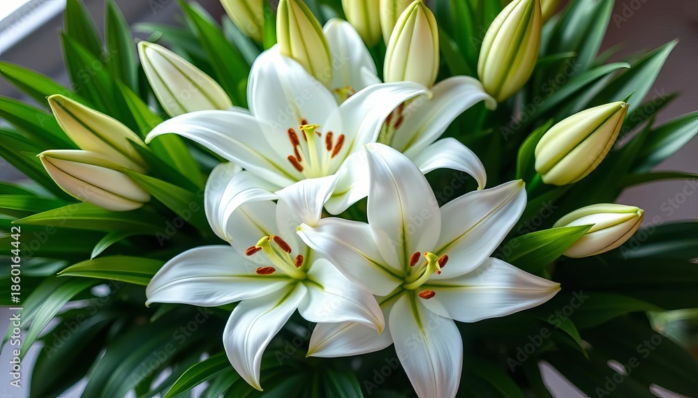 Obraz premium Elegant bouquet of pristine white lilies, lush green foliage, design, sympathy