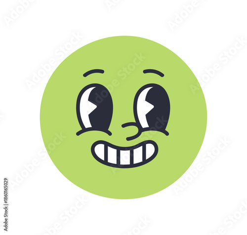 Excited and embarrassed emoji, face expression, emotion. Cute funny character with wide eyes looking aside, shy confused smile, grinning teeth. Flat vector illustration isolated on white background
