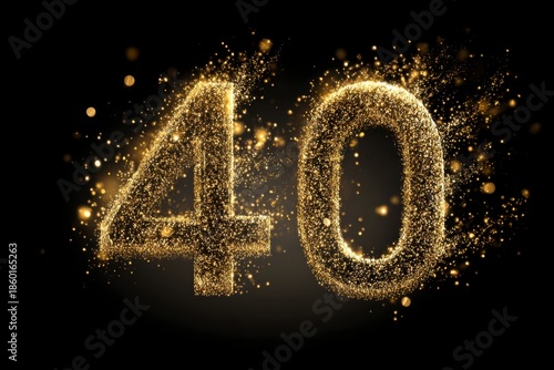 Golden Glitter Number Forty on Dark Background with Sparkles