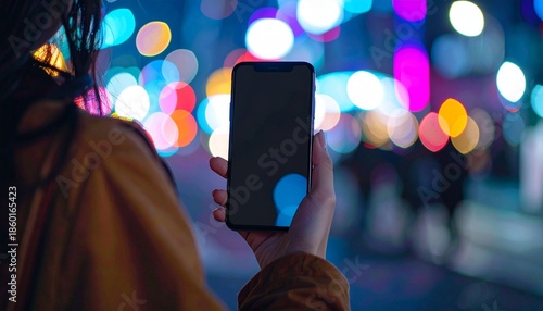 夜の街のネオンが美しく輝く、女性が手にするスマートフォンの画面モックアップ