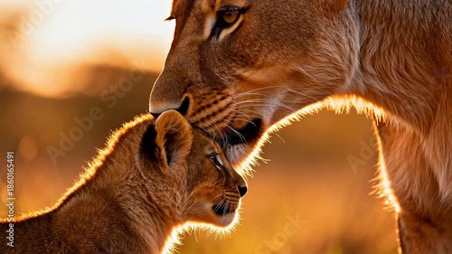Wallpaper Mural Lioness and cub nuzzling in golden light Torontodigital.ca