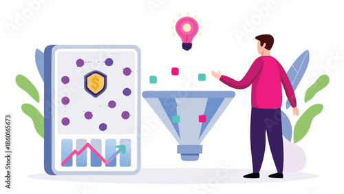Businessman analyzing data on mobile device with funnel and lightbulb