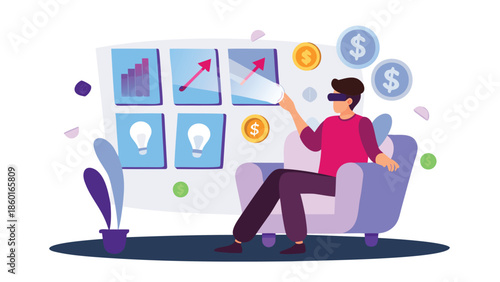 Man wearing VR headset interacting with futuristic financial data visualization