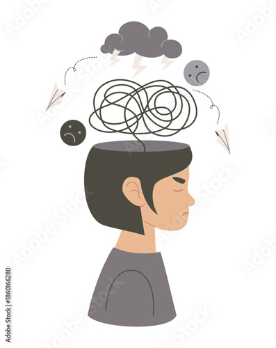 Mental Health, Confusion and Anxiety Concept. Sad Young Person Girl with Tangled Mess of Thoughts, Storm Cloud, and Sad Emotions in Mind. Flat Vector Illustration. Not AI