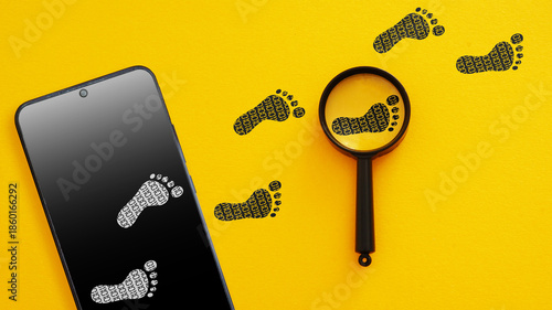 Digital Footprint Tracking Concept - Smartphone with Footprints and Magnifying Glass. Online Privacy, User Data Monitoring and Cyber Security