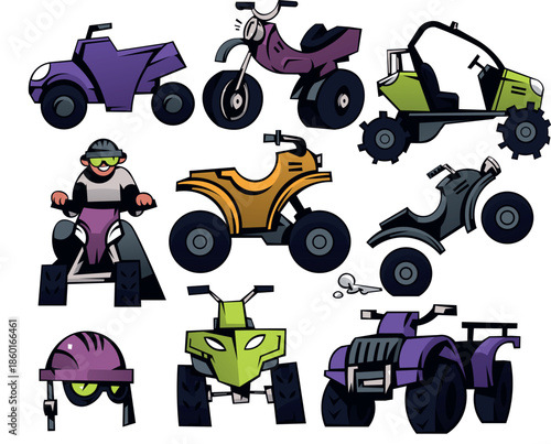 Cartoon Off Road Vehicles Set, ATV Quad Bikes and Motorcycles Illustration
