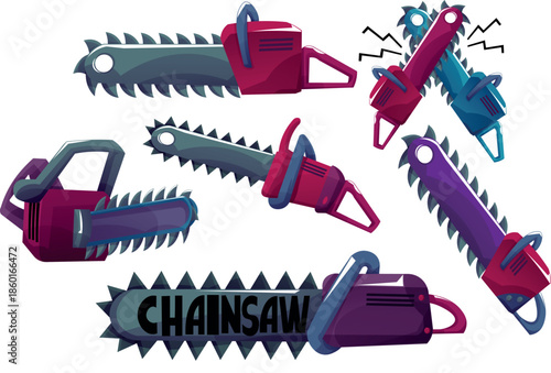 Chainsaw Icon Set in Flat Cartoon Style, Lumberjack Cutting Tool Vector Illustration