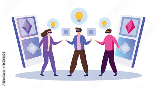 People wearing VR headsets interacting with futuristic screens and ideas