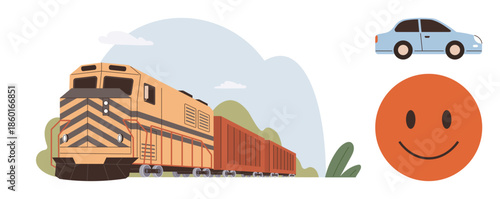 Freight train moving through greenery, small blue car, and orange happy face. Ideal for transportation, logistics, positivity, travel, sustainability, industrial systems and cheerful communication