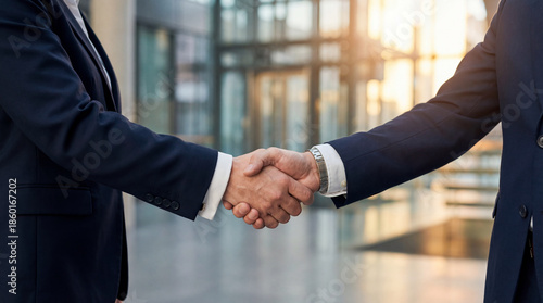 Professional handshake in modern office setting, symbolizing agreement and collaboration