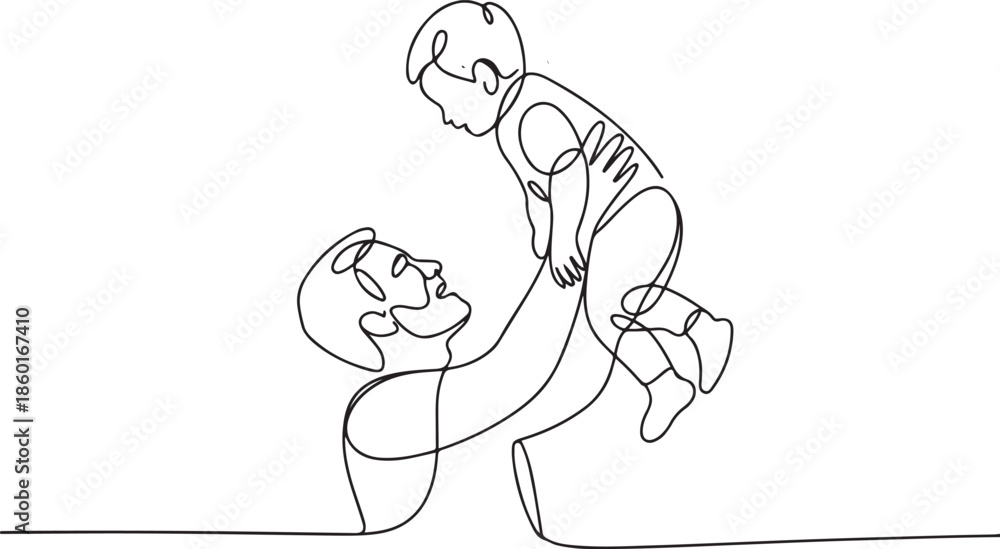 Fototapeta premium Happy dad playing with his young child in continuous line art drawing style. Father holding his son up in the air. Minimalist black linear sketch.one line vector illustration with out background