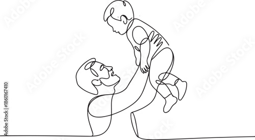 Happy dad playing with his young child in continuous line art drawing style. Father holding his son up in the air. Minimalist black linear sketch.one line vector illustration with out background
