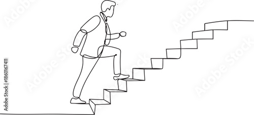 Man climbs the stairs in one continuous line drawing. Concept symbol of career success and achieving goals in simple linear style.one line vector illustration with out background
